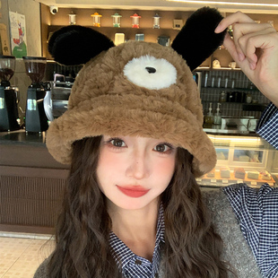 2025新款可爱毛绒小狗耳朵渔夫帽女款学生秋冬保暖护耳大头围盆帽