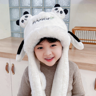 可爱熊猫耳朵会动毛绒帽子围巾一体冬男女童小孩加厚保暖连帽围脖