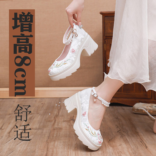 天赐绣小个子女鞋夏季增高配裙子玛丽珍国风绣花鞋汉服鞋高跟鞋女