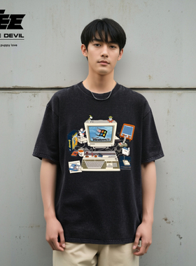 Windows98字母印花短袖梦核1998千禧年回忆杀复古做旧纯棉宽松T恤