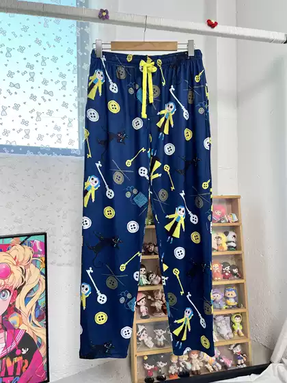 Foreign Trade Single-Layer Milk Silk Cartoon Print Unisex Light Blue Loose Comfortable Long Pants for Outdoor Wear and Home Wear