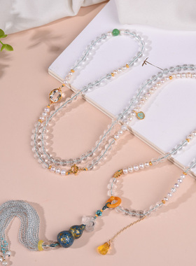 摩登晶石白水晶斜挎女切面搭珍珠