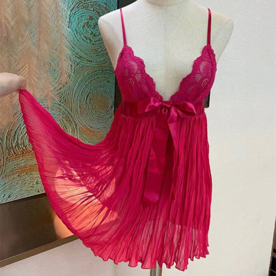 欧美可爱风蝴蝶结红色女士睡裙