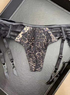 性感丁字裤低腰黑色豹纹蕾丝镂空女内裤诱惑T裤可拆卸吊袜带