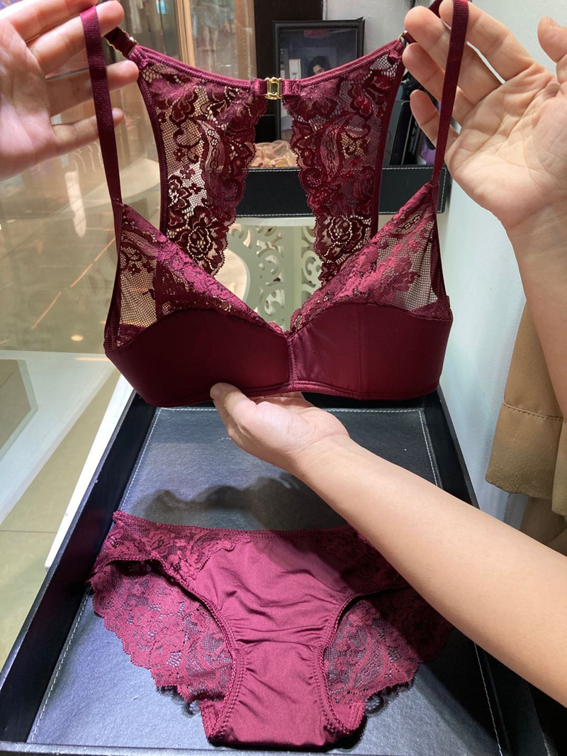 性感美背文胸无钢托诱惑蕾丝内衣黑色酒红色胸罩套装女士