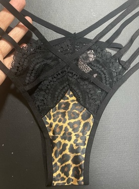 欧美半包性感豹纹T裤低腰诱惑黑色女美臀丁字裤透气爽滑蕾丝内裤