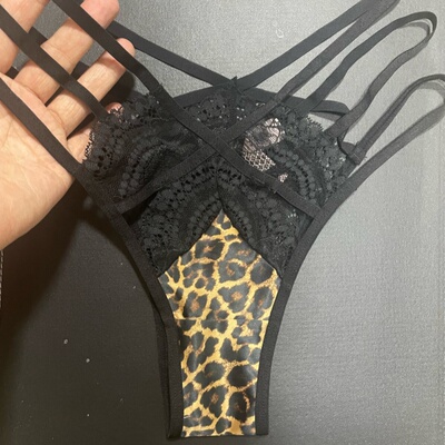 欧美半包性感豹纹T裤低腰诱惑黑色女美臀丁字裤透气爽滑蕾丝内裤