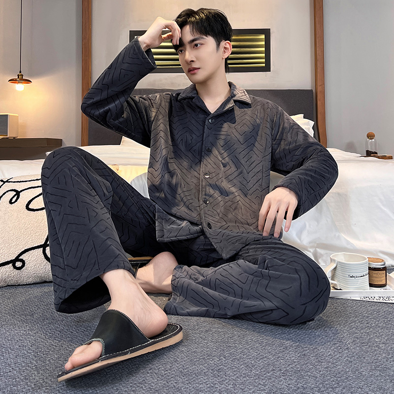 秋冬季海岛绒睡衣男士加绒加厚大码珊瑚绒法兰绒保暖家居服可外穿