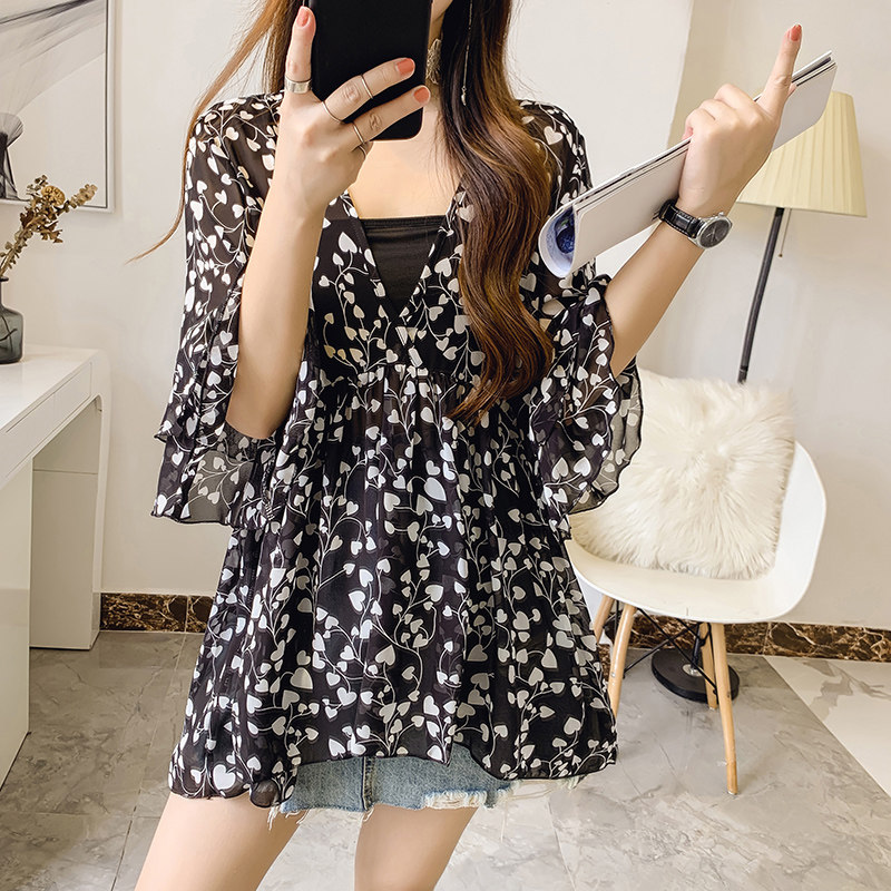산모 여름 정장 패셔너블한 한국식 반팔 패션 베이비돌 셔츠 쉬폰 꽃무늬 탑 여름 투피스 세트