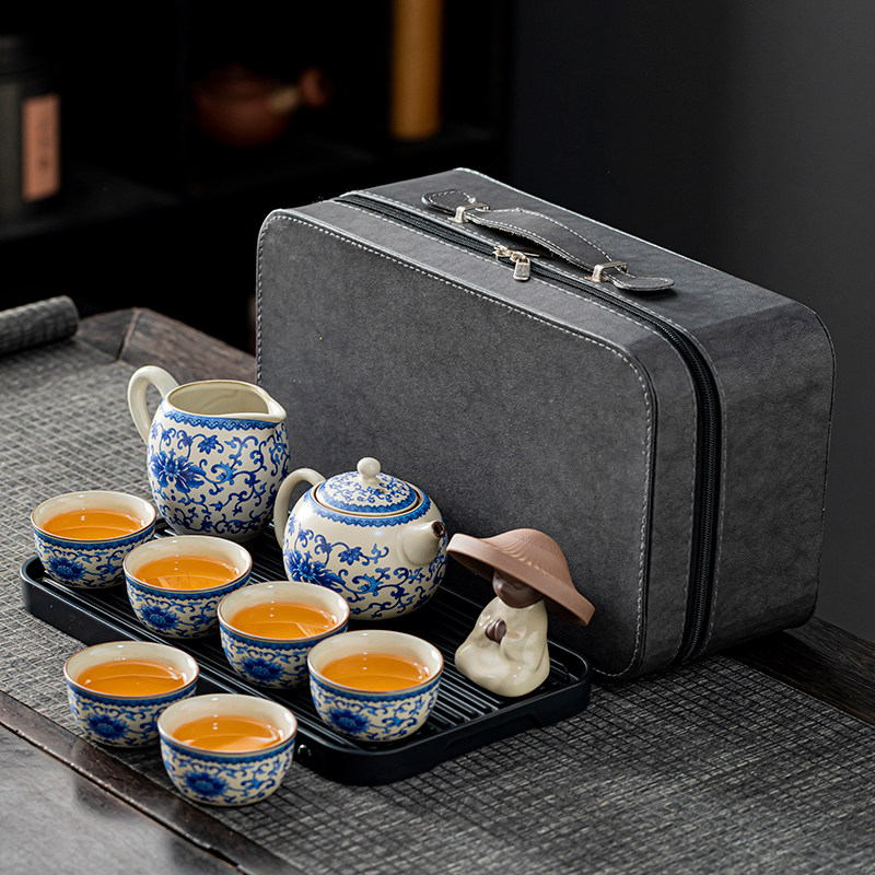 汝窑缠枝青花西施壶旅行茶具简约轻奢高档户外露营便携式旅行定制
