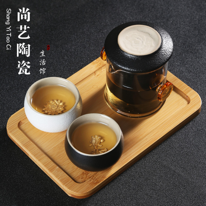 陶瓷镶银快客杯玻璃旅行功夫茶具