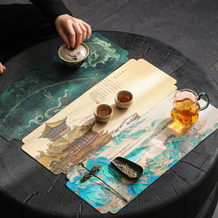 中式双面两用古画茶席防水禅意防烫干泡单人桌旗茶布茶巾布垫子