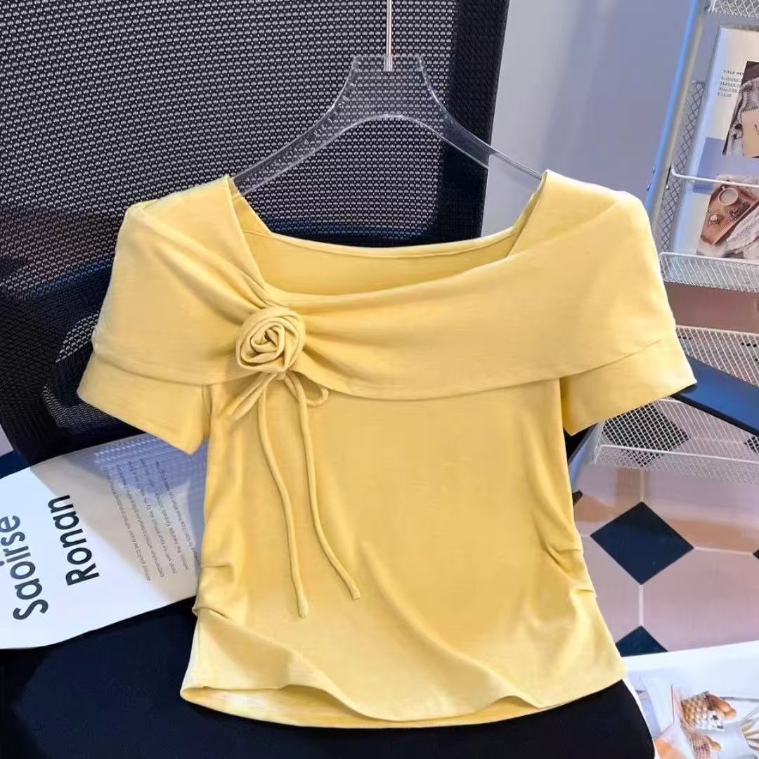  小众设计感一字领露肩上衣女夏香芋紫玫瑰花系带收腰显瘦短款T恤图片