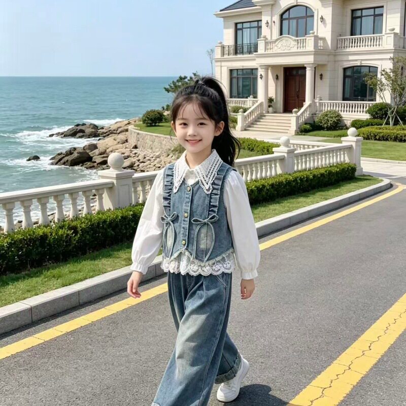 女童秋装洋气牛仔套装1-5岁新款小公主马甲春秋衬衫牛仔裤三件套