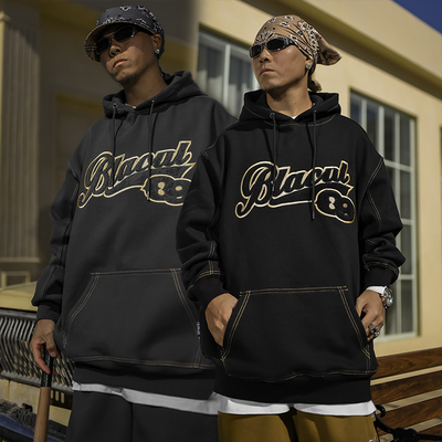 BLACUL棒球字母拼色刺绣宽松肥大美式嘻哈加绒卫衣男连帽外套秋冬