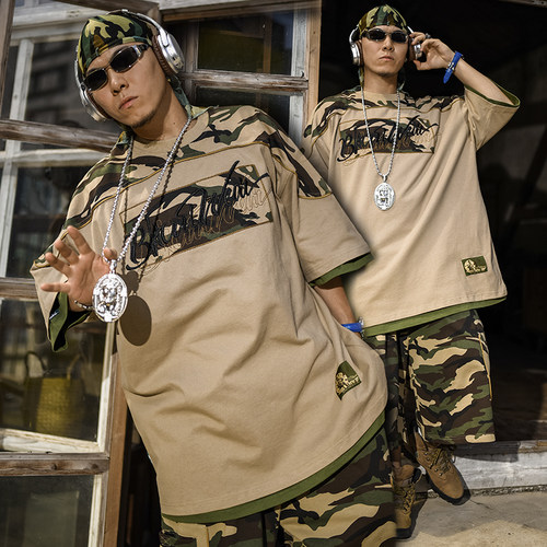 BLACUL 迷彩拼接纯色刺绣印花短袖T恤男美式街头嘻哈宽松肥大半袖