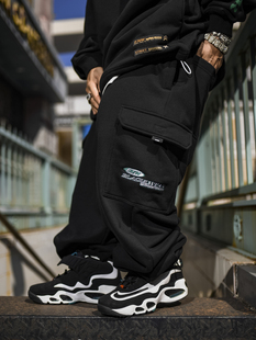 复古HipHop宽松肥大加绒休闲裤 BLACUL刺绣多口袋卫裤 美式 裤 男工装