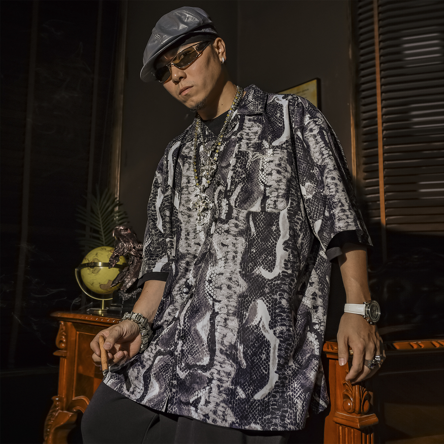 BLACUL 蛇纹古巴领衬衫男短袖夏宽松肥大嘻哈街头美式老钱风衬衣