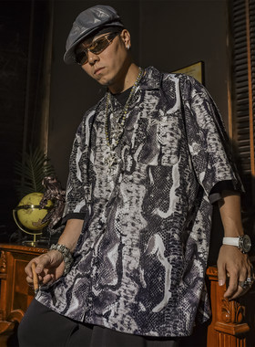 BLACUL 蛇纹古巴领衬衫男短袖夏宽松肥大嘻哈街头美式老钱风衬衣