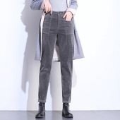 显瘦弹力哈伦裤 子大码 子女宽松加绒加厚休闲条绒长裤 高腰灯芯绒裤