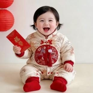 冬款拜年服喜庆中国风男宝女宝外出服凤台楼阁连体衣加绒加厚哈衣