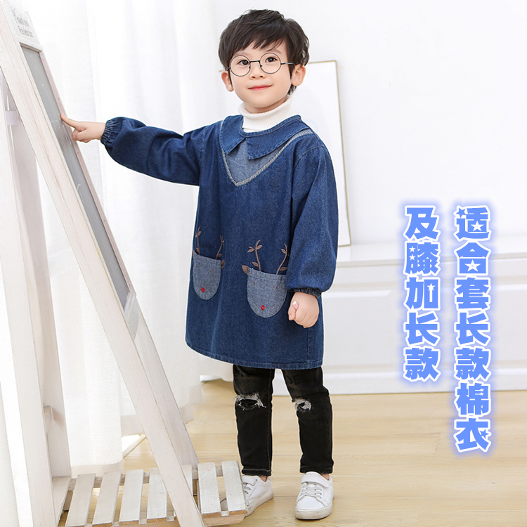中长款及膝男宝宝牛仔罩衣秋冬防脏大码儿童反穿衣灯芯绒吃饭衣