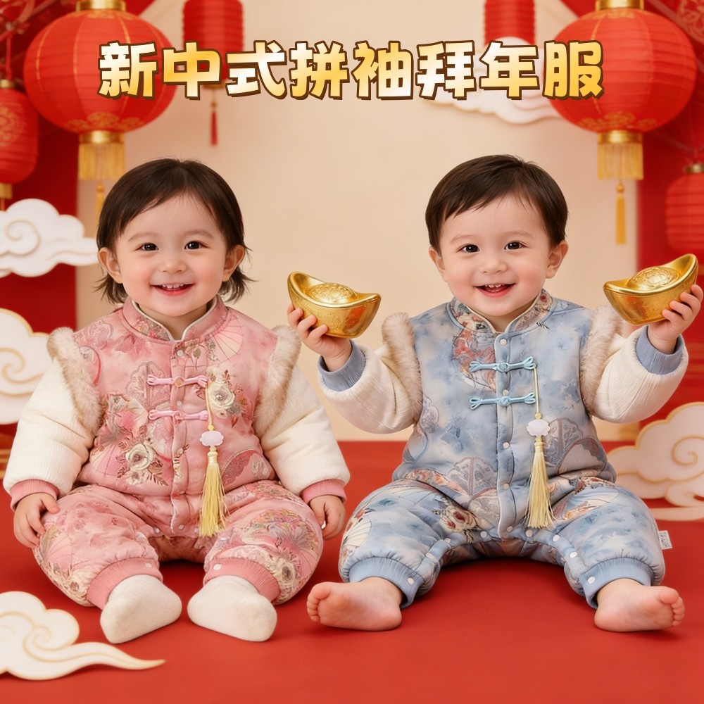 婴幼儿新中式哈衣男宝女宝外出服拼绣过年拜年服周岁服喜庆连体衣