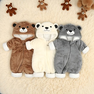 宝宝加厚棉服连体冬季夹棉加绒外出男女连帽爬服斜开拉链婴幼儿冬