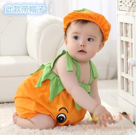 夏季新款柿子装哈衣婴儿造型衣连体服男女宝宝0-2童装开档爬行服