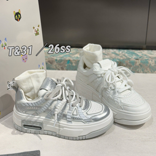 T31女鞋2026春季新款厚底增高小白鞋真皮系带休闲板鞋百搭面包鞋