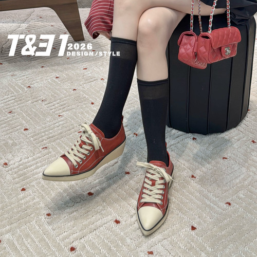 T31女鞋2026新款欧洲站尖头坡跟系带休闲鞋复古小众百搭舒适板鞋