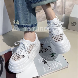 T31女鞋2026年春夏新款系带厚底小白鞋网面编织透气休闲鞋松糕鞋