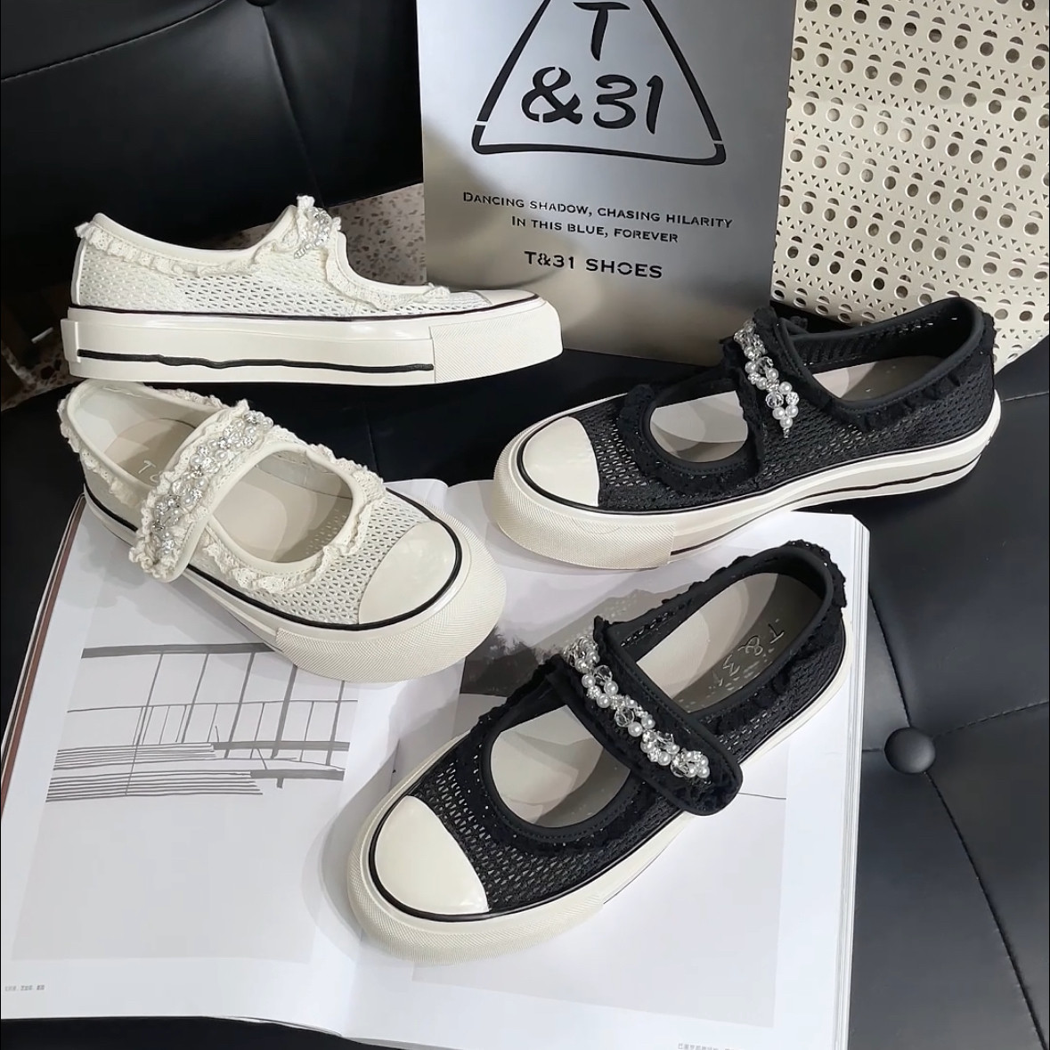T31女鞋2026夏季新款串珠玛丽珍鞋厚底休闲板鞋女透气网面帆布鞋