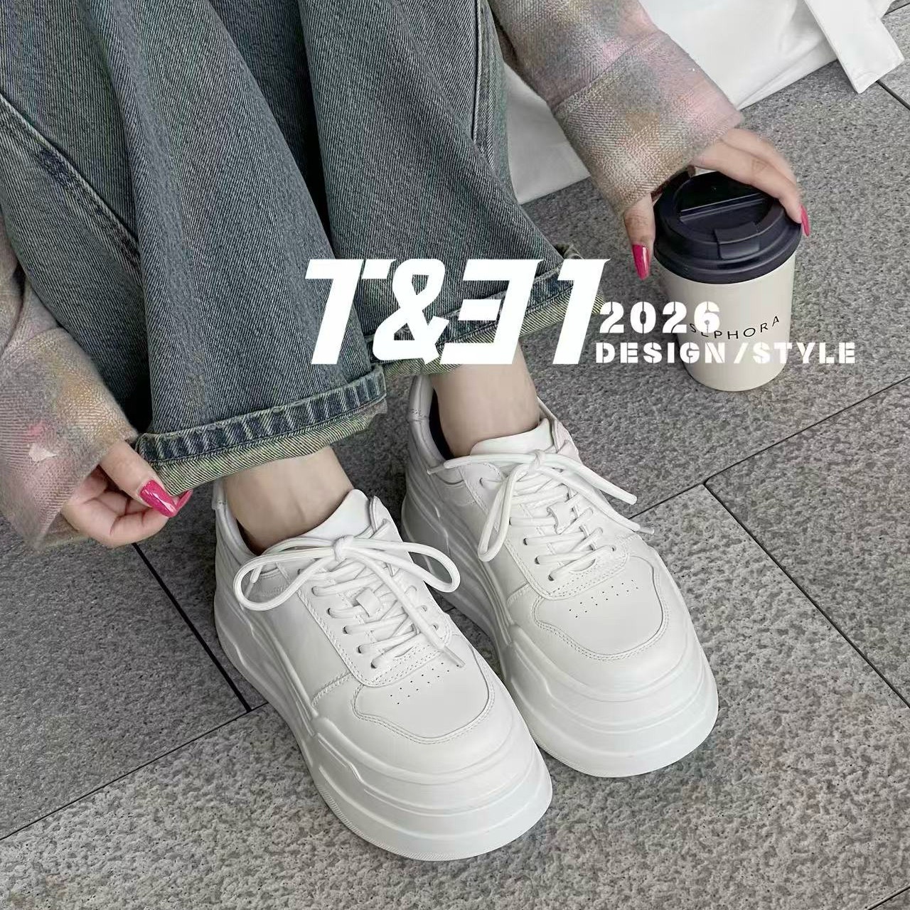 T31女鞋2026年春季新款厚底增高8cm小白鞋松糕底系带百搭休闲板鞋