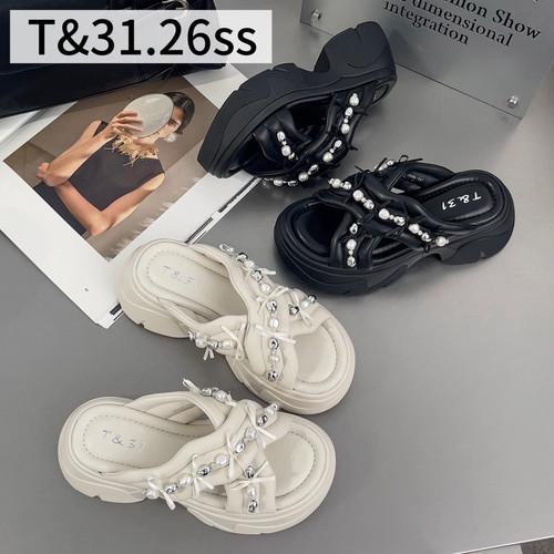 T31女鞋2026夏季新款珍珠蝴蝶结装饰厚底一字拖交叉带外穿凉拖鞋