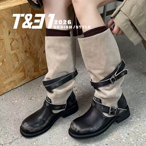 T31女鞋2026秋季复古休闲高筒骑士靴女粗跟厚底搭扣圆头时装靴女