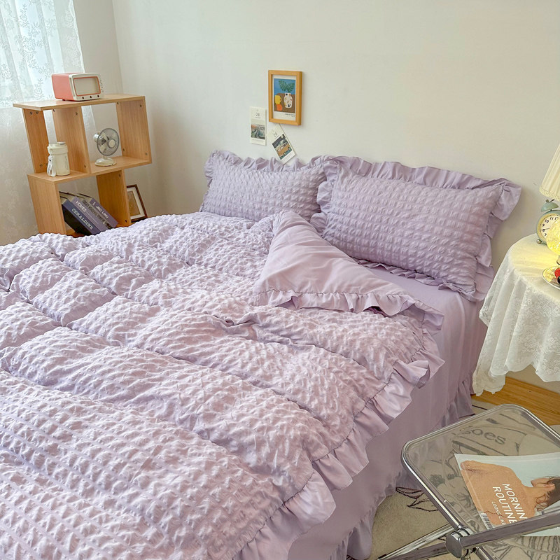 公主紫床单一米八花边被套四件套少女心ins泡泡纱单人学生三件套4