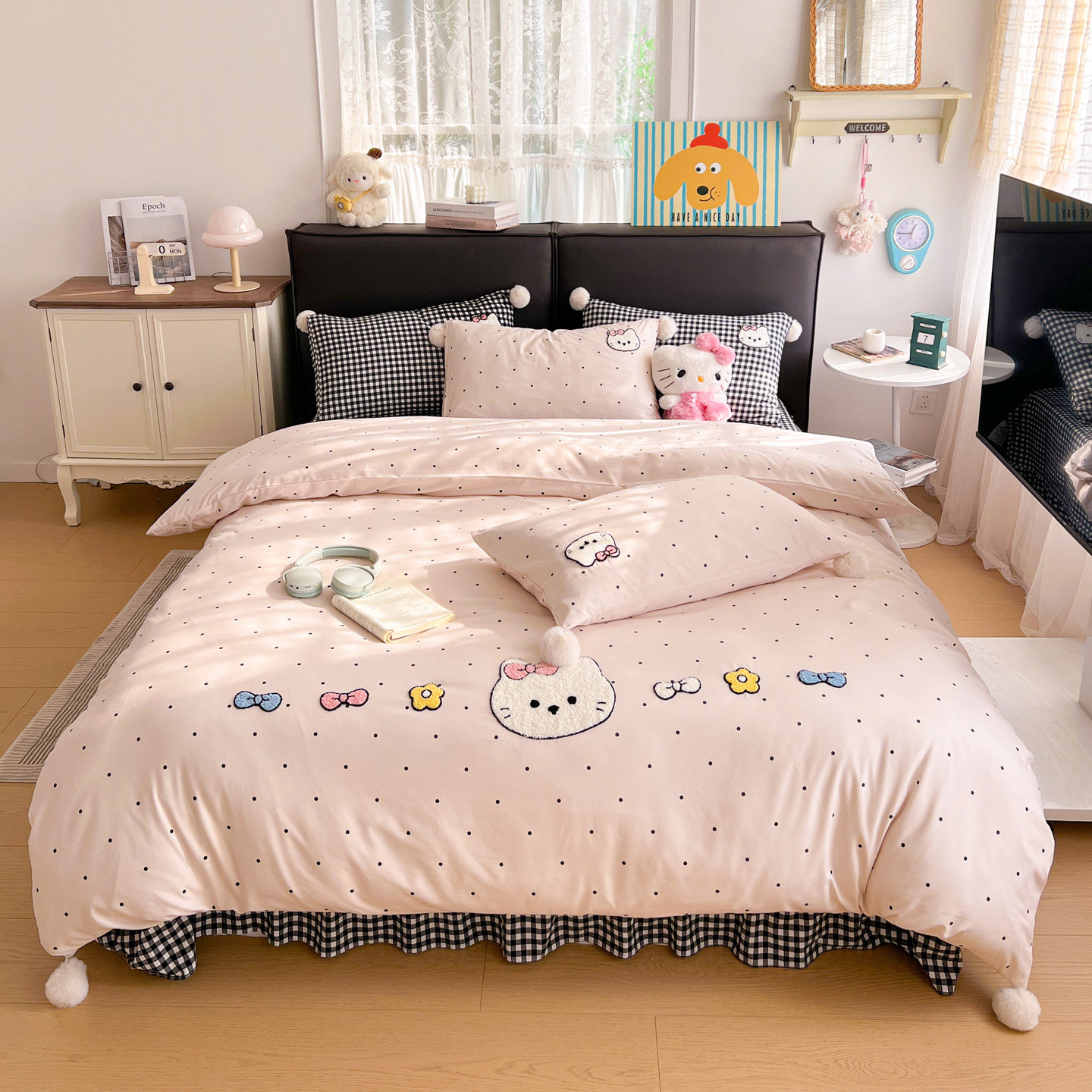 可爱卡通水洗棉波点球球床盖四件套少女心ins床单三件套1.5米被套