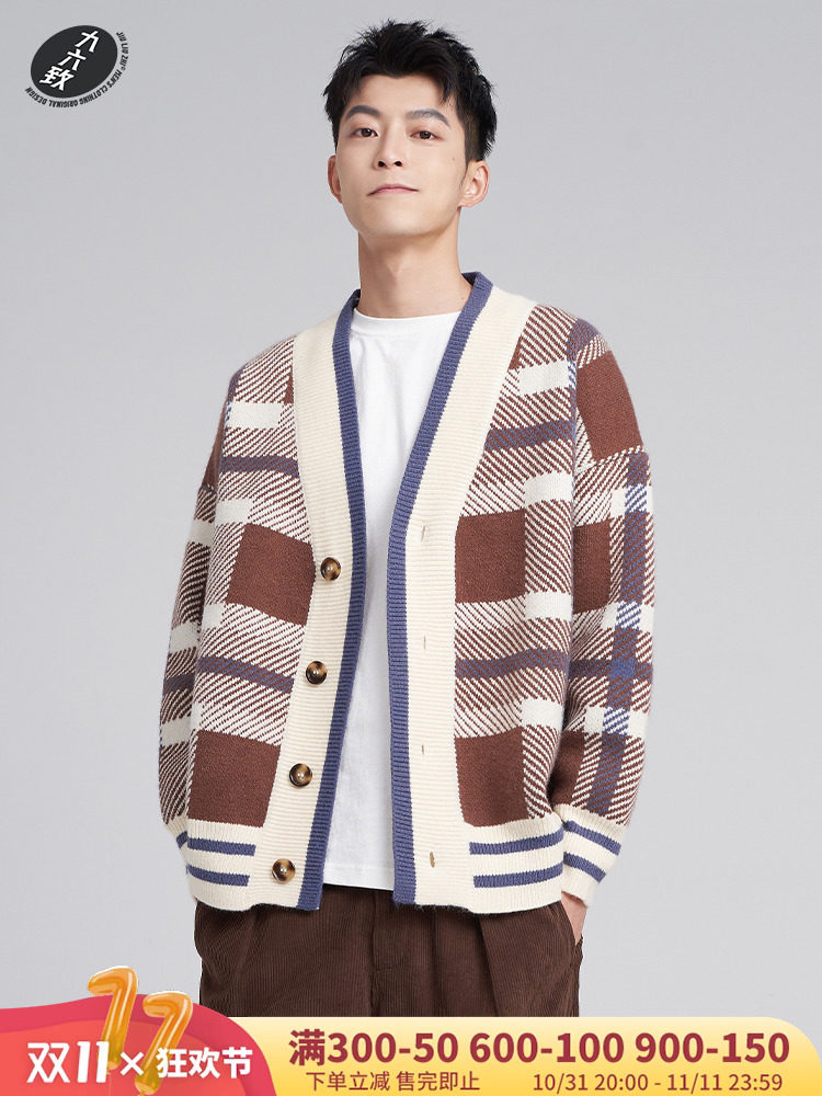 JIULIUZHI 원래 가을 느슨한 두꺼운 복고풍 격자 무늬 남성 스웨터 카디건 유행 캐주얼 긴팔 스웨터