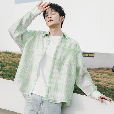 九六致竖条纹扎染天丝长袖薄衬衫