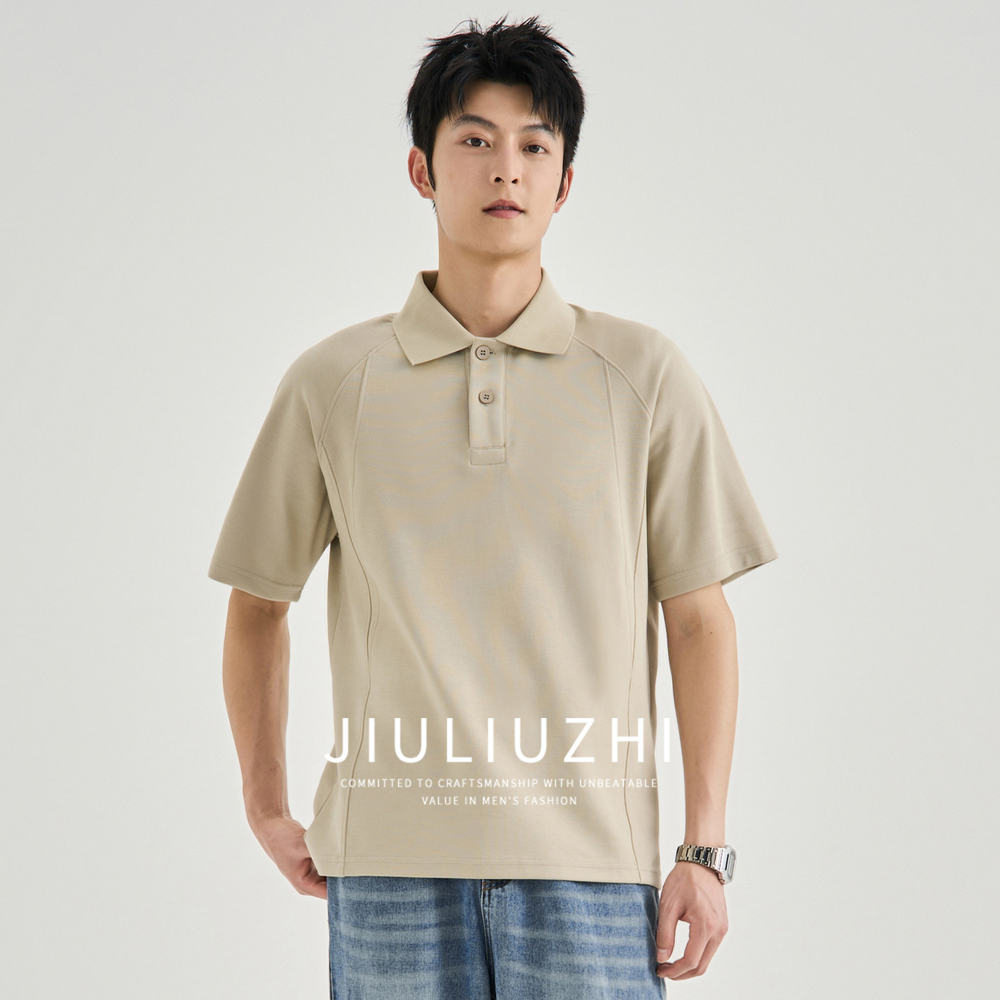 九六致夏季220g珠地美式复古立体线条分割宽松短袖插肩袖Polo衫男