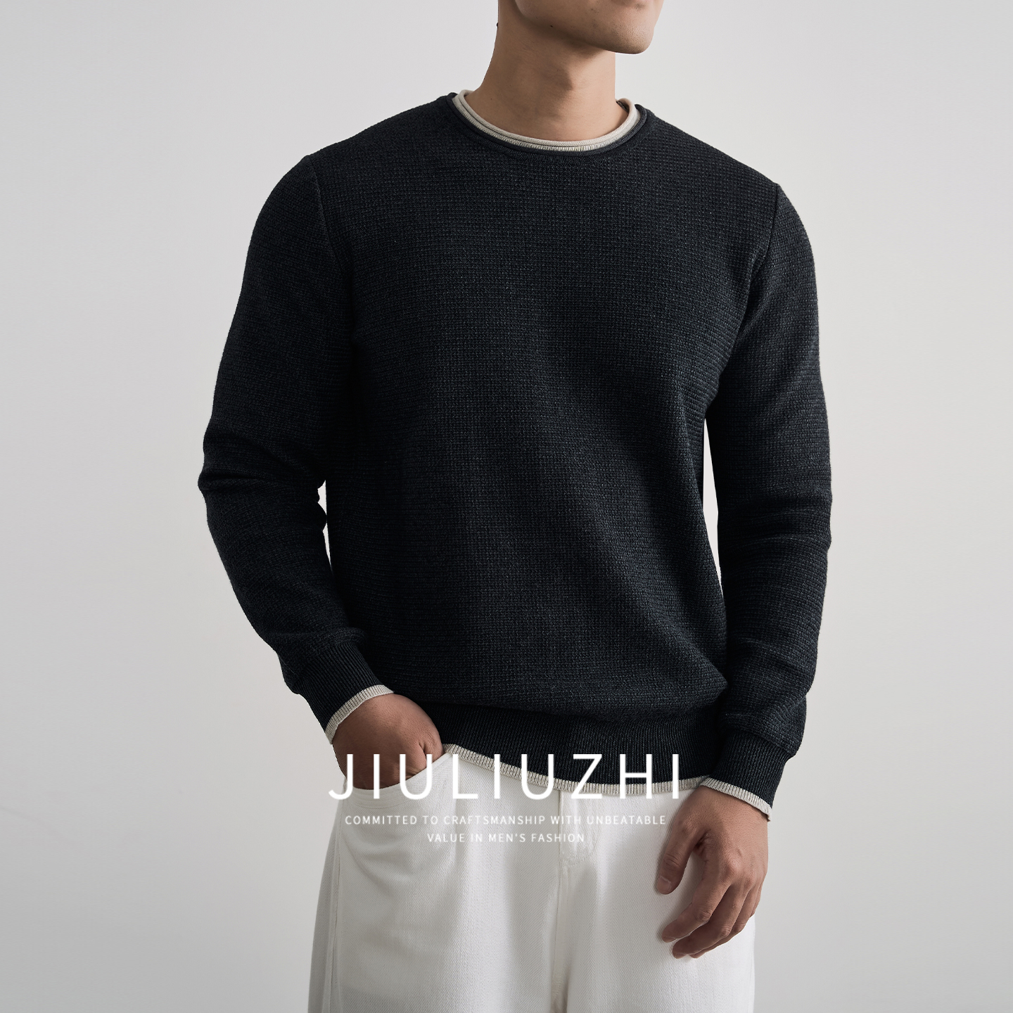 秋季假两件正肩纯棉宽松针织衫男