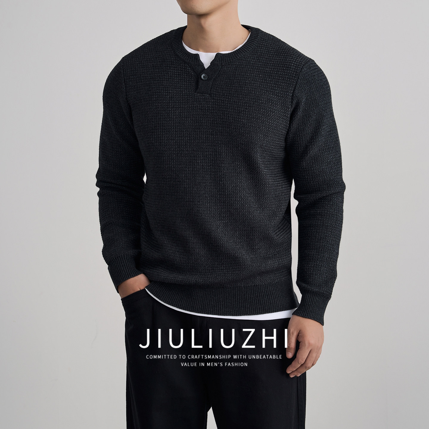 九六致秋冬季轻熟风纯色亨利领针织衫男日系简约纯棉宽松毛衣男款