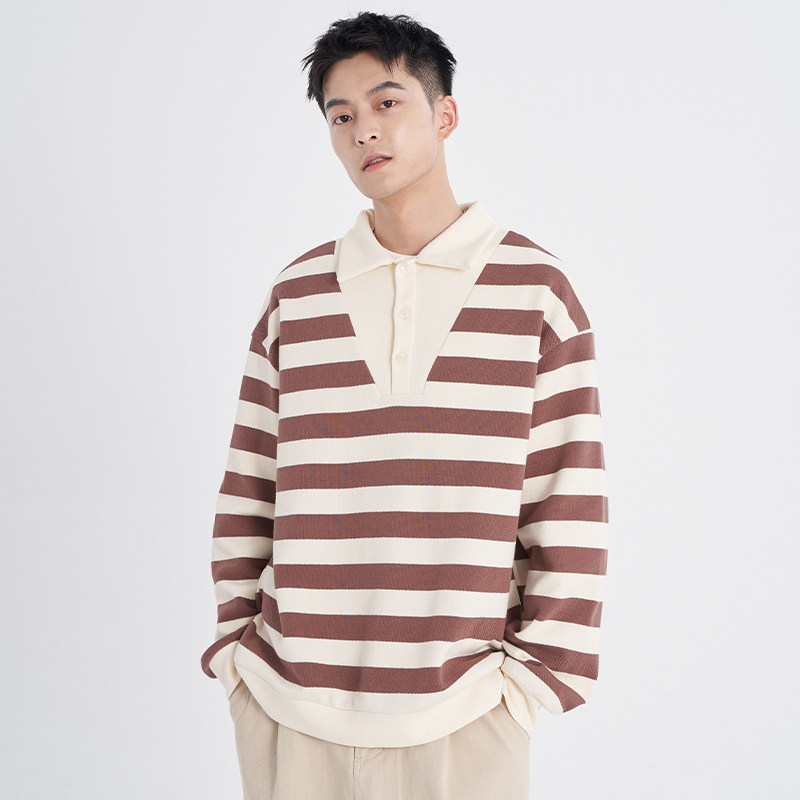 九六致秋冬季条纹卫衣男翻领长袖宽松polo衫男士休闲潮流上衣百搭