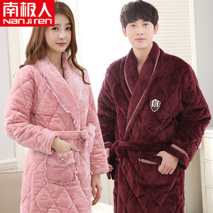 南极人情侣睡袍冬季女士珊瑚绒夹棉浴袍加厚加长款男睡衣加绒保暖