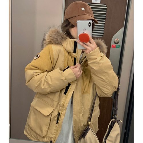 时尚保暖情侣工装羽绒棉服女新款中长款真毛领加厚派克服冬季外套