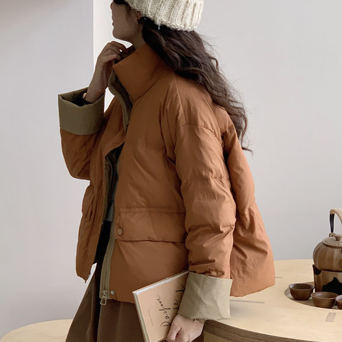 实拍韩版新款拼色羽绒棉服女短款时尚休闲宽松立领面包服加厚外套