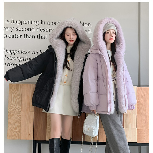 可拆卸大毛领羽绒棉服女冬季新款休闲棉衣小个子收腰皮草派克服厚