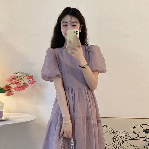 收腰显瘦夏季中长款泡泡袖长裙女