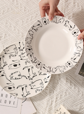 JM 猫咪乐园餐具 ins风可爱猫咪喝水杯陶瓷盘圆形深盘早餐盘